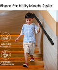 Rock Solid Black Textured Aluminum Handrail For Indoor Outdoor Steps No Sweat Diy Stair Railing Kit with a child using it for safety on stairs.