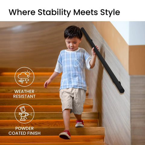 Rock Solid Black Textured Aluminum Handrail For Indoor Outdoor Steps No Sweat Diy Stair Railing Kit with a child using it for safety on stairs.