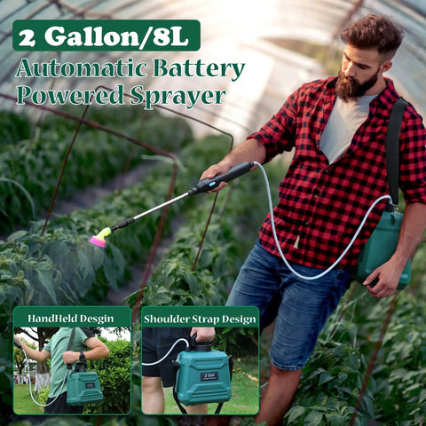 Man using Battery Powered Garden Sprayer 2 Gallon With USB Rechargeable Handle Three Mist Nozzles in greenhouse