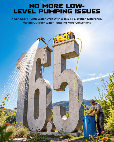 Person using Cordless Water Transfer Pump With 9.6 GPM Flow, Dewalt 20V Battery Compatible, on elevated structure outdoors