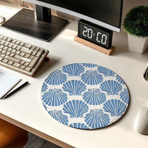 Blue Coastal Seashell Round Mouse Pad For Desk With Non Slip Base, Smooth Control, Wipe Clean Surface, 7.9 Inch Diameter