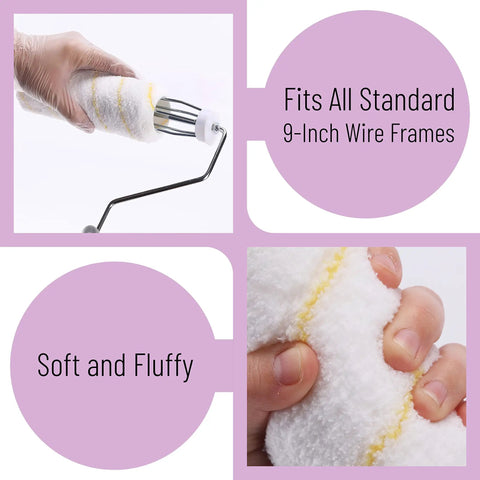 Close-up of Five Pack Half Inch Nap Nine Inch Paint Roller Covers For All Paints And Stains, showing softness and fit for 9-inch frames.