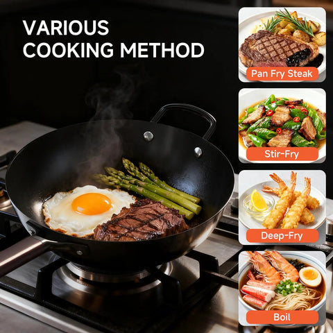 13.5 Inch Carbon Steel Wok Pan With Flat Bottom Preseasoned Nonstick Go To Stir Fry Pan Set With Lid And Spatula Induction And Gas Compatible