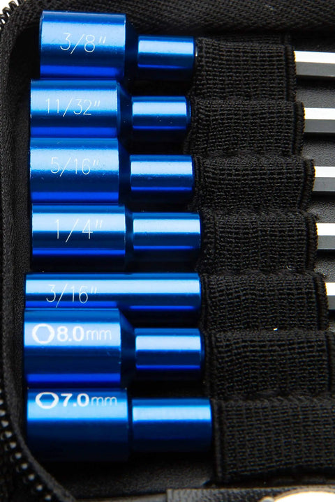 Pro Grade Do It All RC Tool Set for Air and Surface Startups with aluminum nut drivers in zipper case.