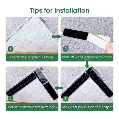 Instruction steps for applying Double Sided Non Slip Rug Tape Set 16 Pieces Reusable And Washable Keeps Rugs Flat On Hardwood Tile Carpets Mats And Walls Easy To Install And Stays In Place In High Traffic Areas.