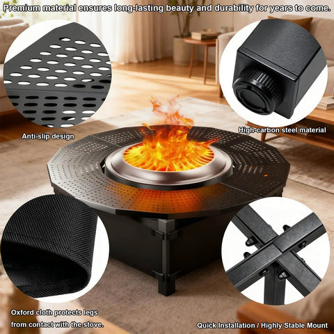 40 Inch Fire Pit Surround Tabletop For Solo Stove Bonfire And Ranger Wood Burning, anti-slip design, steel construction, black.