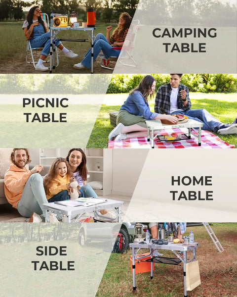 Adjustable Camping Table Folding Lightweight 5Lb Table With Four Height Levels shown in camping, picnic, home, side settings