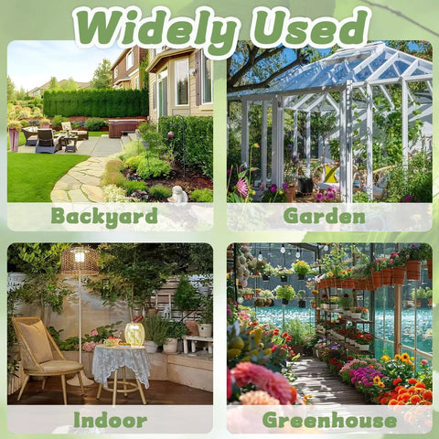 Collage of backyard, garden, indoor, and greenhouse setups for 60 Pack One Gallon Plastic Plant Pots With Drainage Holes For Seedlings.