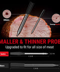 Smaller, thinner TempSpike Plus probe illustration against meat, featuring 600 Foot Range Bluetooth Wireless Meat Thermometer specifications.