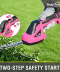 Slick Cordless Hedge Trimmer And Grass Shears 2 In 1 Lightweight Electric Bush Tool With Rechargeable Battery And Type C Charging Cable For Easy Peasy Trimming No Sweat Garden Cleanup Kit Pink in use on greenery.