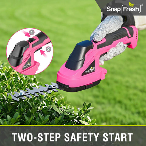 Slick Cordless Hedge Trimmer And Grass Shears 2 In 1 Lightweight Electric Bush Tool With Rechargeable Battery And Type C Charging Cable For Easy Peasy Trimming No Sweat Garden Cleanup Kit Pink in use on greenery.