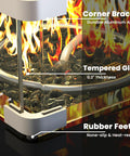Close-up of tempered glass and rubber feet on 28 Inch Rattan Square Outdoor Gas Fire Pit Table With Glass Wind Guard And Tempered Glass Top Includes Lid 50,000 BTU CSA Listed Weatherproof Wicker On Stainless Steel Frame Black Backyard Patio Deck Garden