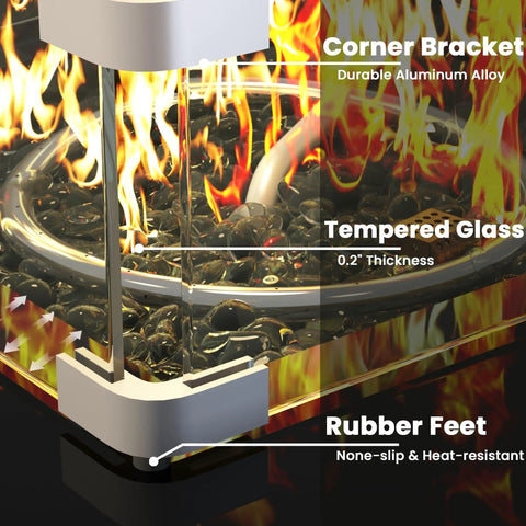 Close-up of tempered glass and rubber feet on 28 Inch Rattan Square Outdoor Gas Fire Pit Table With Glass Wind Guard And Tempered Glass Top Includes Lid 50,000 BTU CSA Listed Weatherproof Wicker On Stainless Steel Frame Black Backyard Patio Deck Garden