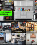 72 Inch Tool Chest With Wheel Lock And LED Lighting, 11 Storage Drawers Plus Double Door Cabinet, Built In Outlet, Stainless Steel Pegboard, Beefy Garage Workshop Storage System in a garage setup