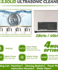 Pro Grade 3 Liter Digital Ultrasonic Cleaner With 28 And 40 Khz Dual Frequency Built In Heater Smart Timer And Degas Mode image showing features and settings.