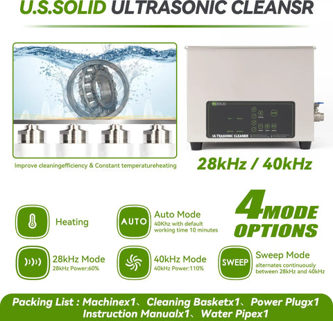 Pro Grade 3 Liter Digital Ultrasonic Cleaner With 28 And 40 Khz Dual Frequency Built In Heater Smart Timer And Degas Mode image showing features and settings.