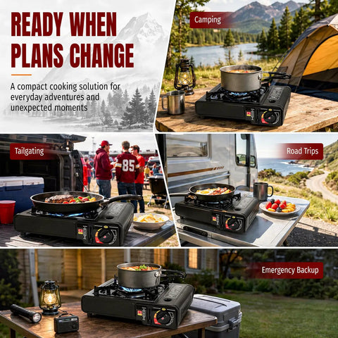 Dual Fuel Camping Stove Run On Butane Or Propane, Portable Outdoor Cooking Gear, for camping, tailgating, road trips.