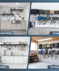 Heavy-Duty 2 Pack Wall Mounted Garage Shelves With 8 Hooks, 2x4 Ft Each, 500 Lb Total Capacity, Steel Storage Racks For Tool Organization, Garage, Workshop, Home Workspace, And All Your Gear shown in laundry room, garage, kitchen, and warehouse