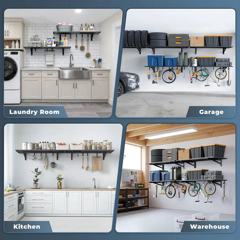 Heavy-Duty 2 Pack Wall Mounted Garage Shelves With 8 Hooks, 2x4 Ft Each, 500 Lb Total Capacity, Steel Storage Racks For Tool Organization, Garage, Workshop, Home Workspace, And All Your Gear shown in laundry room, garage, kitchen, and warehouse