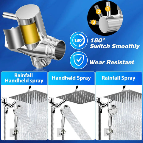 High Pressure Rainfall Shower Head Set With Adjustable Extension Arm And Handheld, 8 Inch Square Rain Head, diverter functions.