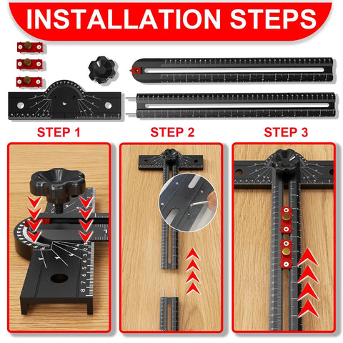 Installation steps for Dead Straight 29 Inch Framing Square, Rock Solid Aluminum T Square Ruler with adjustable components.