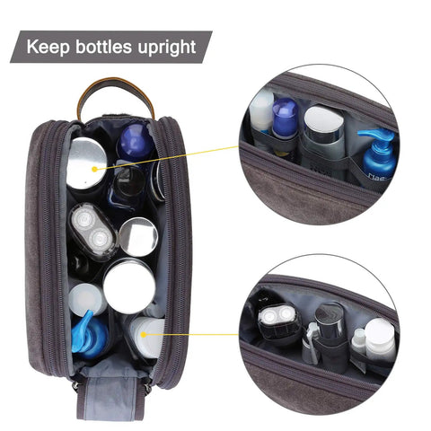 Top view of Canvas Travel Toiletry Bag For Men With Elastic Band Dopp Kit Water Resistant Organizer, large capacity, grey medium.