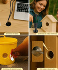 SkyStage 6-piece hole saw kit with mandrels and hex key; used to drill holes in wood, birdhouse, plastic bucket, and door.