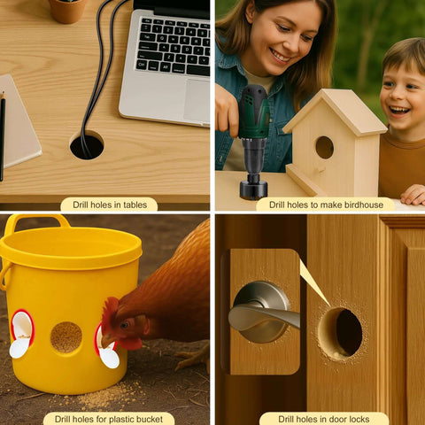 SkyStage 6-piece hole saw kit with mandrels and hex key; used to drill holes in wood, birdhouse, plastic bucket, and door.