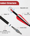 30 Inch Carbon Arrow Set With Removable Tips, 14 Pcs, Spine 500, showing product structure, adjustable nock, TPU feathers