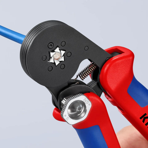 Self-Adjusting Crimping Pliers For End Sleeves And Ferrules, DIN 46228 Compliant, 10 mm2 Capacity, AWG 28-5, close-up view.