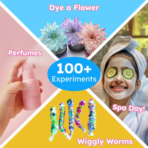 Girls Science Kit With 100 Plus Experiments For Kids Ages Five To Eight Safe Hands On STEM Activity Set That Makes Science Fun And Easy To Explore At Home. 100+ experiments collage