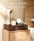 Acacia Wood Dual Drawer Coffee Pod Storage Organizer For K Cup And Nespresso Pods Walnut Finish on bedroom dresser with decor