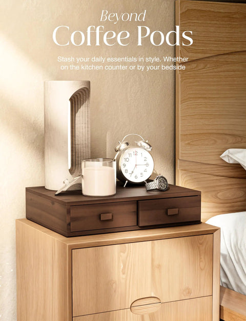 Acacia Wood Dual Drawer Coffee Pod Storage Organizer For K Cup And Nespresso Pods Walnut Finish on bedroom dresser with decor