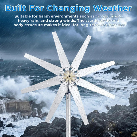 2000W Wind Turbine Generator Kit for 24V Home, RV, and Boat Use shown in rainy coastal environment