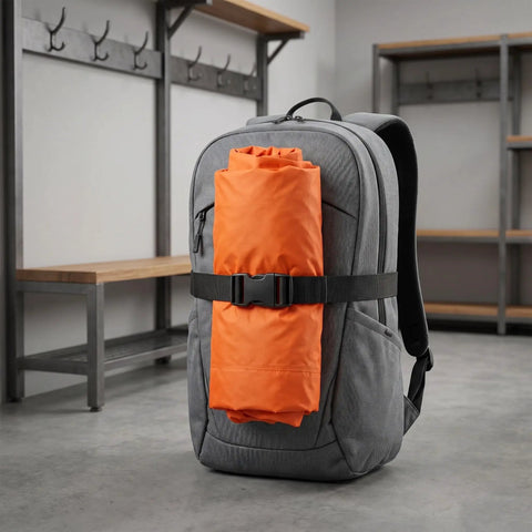 Adjustable Nylon Webbing Straps 59 By 1 Inch 6 Pack With Side Release Buckles securing orange bag on gray backpack
