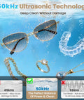 Blast Daily Grime With This Legit Ultrasonic Jewelry Cleaner Using Fifty KHz Waves For Nitty Gritty Cleaning On Rings Eyewear Retainers And Straps Alongside A 420 Ml Tank And Sleek Black Design showcasing sunglasses, aligners, and jewelry in water.