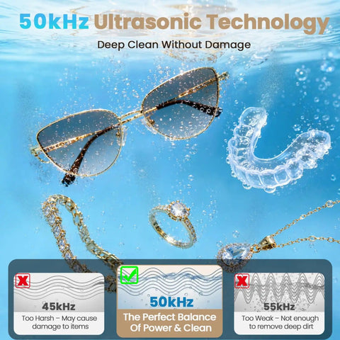 Blast Daily Grime With This Legit Ultrasonic Jewelry Cleaner Using Fifty KHz Waves For Nitty Gritty Cleaning On Rings Eyewear Retainers And Straps Alongside A 420 Ml Tank And Sleek Black Design showcasing sunglasses, aligners, and jewelry in water.