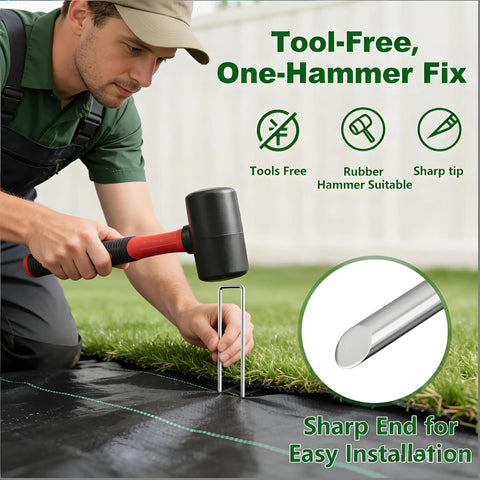 Person installing Heavy Duty Galvanized Landscape Staples 6 Inch 500 Pack U Shaped Sod Pins with mallet on black weed barrier.