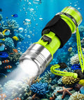 Underwater Diving Flashlight LED Light 1500 Lumen With 3 Modes IPX8 Waterproof Rechargeable Torch illuminating coral reef.