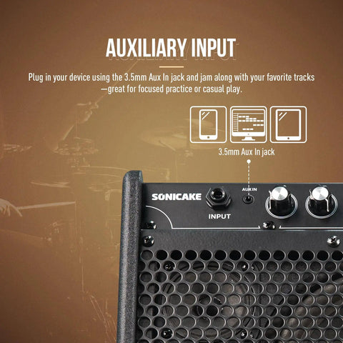 Front view of 20W Portable Drum And Keyboard Amp With Dual Drivers For Home Practice, showing auxiliary input and controls.