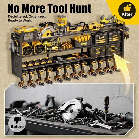 Beefy 49 Inch Wall Mount Power Tool Organizer With 620 Pound Capacity, 12 Cordless Drill Holders, organized garage setup