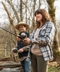 Two people fishing with Grab And Go Spincast Rod And Reel Combo With A Six Foot Two Piece Fiberglass Rod And Size 30 Reel