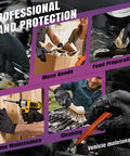 Heavy Duty Black Nitrile Disposable Gloves Bring Tough As Nails Defense With A Rock Solid Grip Pattern And 6.3 Mil Thick Shield To Dodge Razor Blades Or Slippery Grease Sold In Pack Of One Hundred Medium Sized Tools For Badass Industrial Use, shown in various professional tasks like food prep and vehicle maintenance.