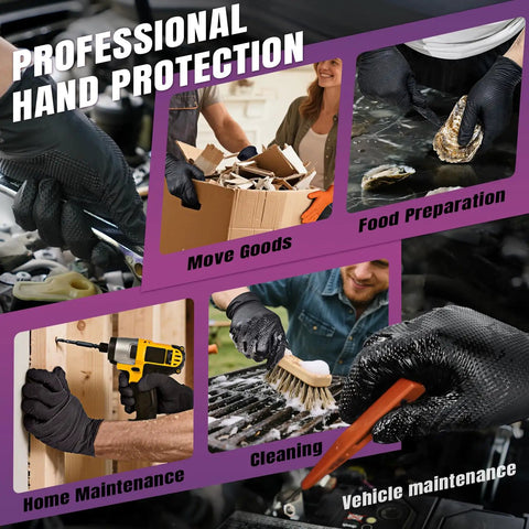 Heavy Duty Black Nitrile Disposable Gloves Bring Tough As Nails Defense With A Rock Solid Grip Pattern And 6.3 Mil Thick Shield To Dodge Razor Blades Or Slippery Grease Sold In Pack Of One Hundred Medium Sized Tools For Badass Industrial Use, shown in various professional tasks like food prep and vehicle maintenance.