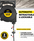 Retractable Extension Cord Reel With Light Indicator 40 Ft Triple Outlet Wall Mounted UL Listed showing lockable cord mechanism