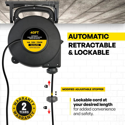 Retractable Extension Cord Reel With Light Indicator 40 Ft Triple Outlet Wall Mounted UL Listed showing lockable cord mechanism