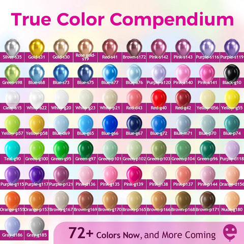 72 colorful latex balloons arranged in a grid showcasing various shades for party decor, each labeled with a color name and number