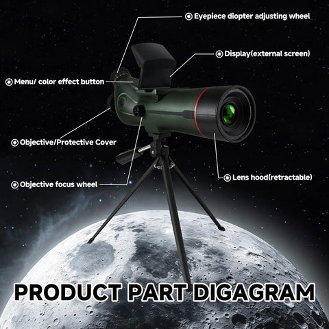 All In One 80mm Portable Refractor Telescope With Auto Focus And 4K Astrophotography Camera For Adults And Beginners Dual Screen Spotter Internal External Viewfinder Beginner Friendly To Pro High Clarity Optics Long Range 350X Magnification, product part diagram