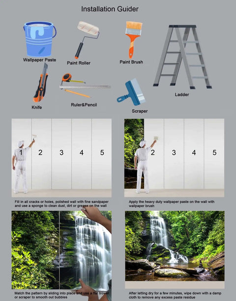 Installation guide for Huge 108 By 75 Inch Cascading Waterfalls In Forest Wall Mural, showing tools and step-by-step application.