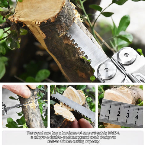Everyday Carry 18 In 1 Multitool Pliers Set with Double Peak Wood Saw cutting a branch